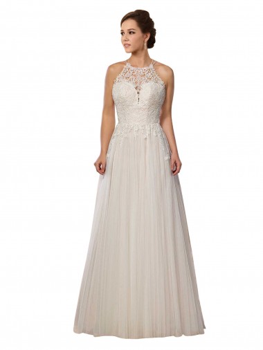 Shop Illusion Halter Lace Boho Wedding Dress with Plunging Sweetheart Bodice UK