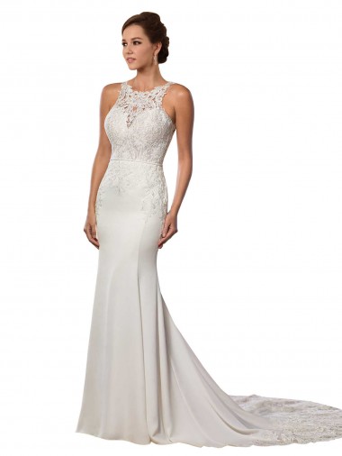 Shop Modern Deep V-Neck Sheath Lace Wedding Dress with Open V-Back UK