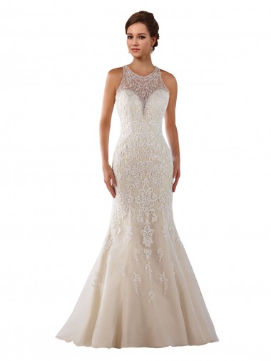 Shop High Neck Mermaid Lace Wedding Dress with Illusion Back UK