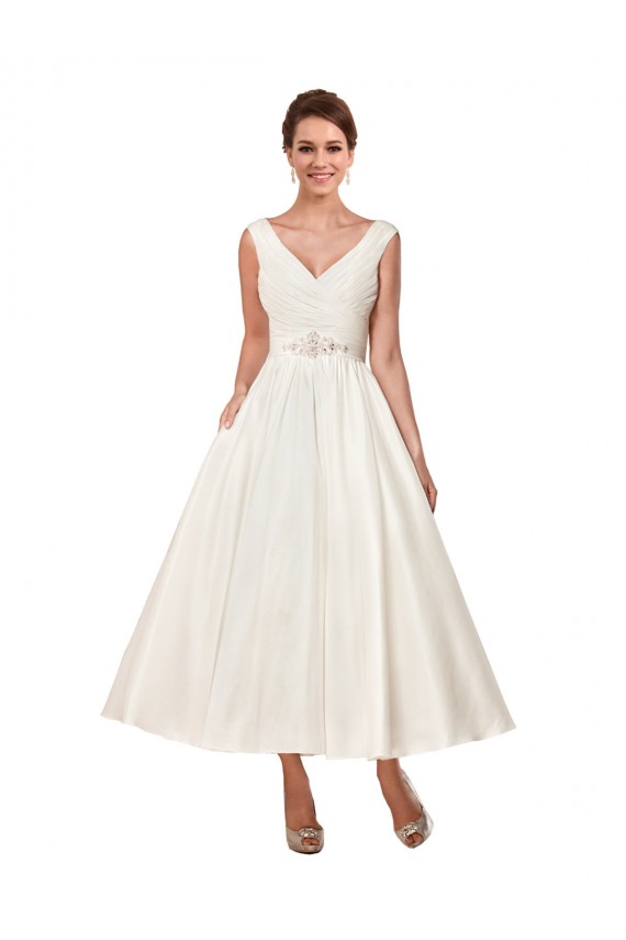 V-Neck A-Line Short Ankle Length Satin Wedding Dress