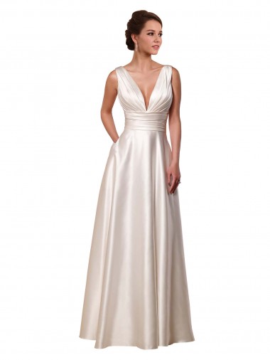 Shop Deep V-Neck A-Line Satin Wedding Dress with Pockets UK