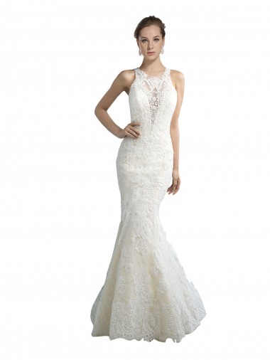 Shop Deep Illusion Neck Mermaid Tulle Beach Wedding Dress with All Over Lace UK