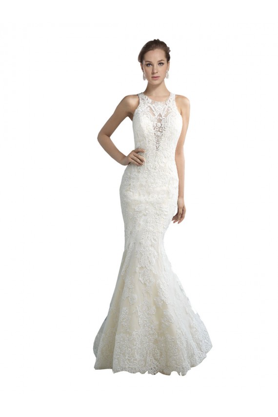 Deep Illusion Neck Mermaid Tulle Beach Wedding Dress with All Over Lace