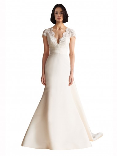 Shop V-Neck Lace Bodice A-Line Satin Wedding Dress with Keyhole Back UK
