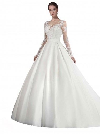 Shop Long Sleeves Illusion Neck A-Line Satin Wedding Dress with Lace Bodice UK