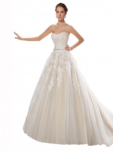 Shop Strapless Ball Gown Tulle Wedding Dress with Lace Cascades UK