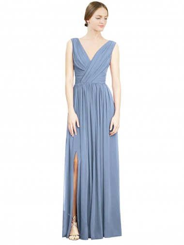Shop Sleeveless Draped Chiffon Maxi Bridesmaid Dress with Front Slit UK