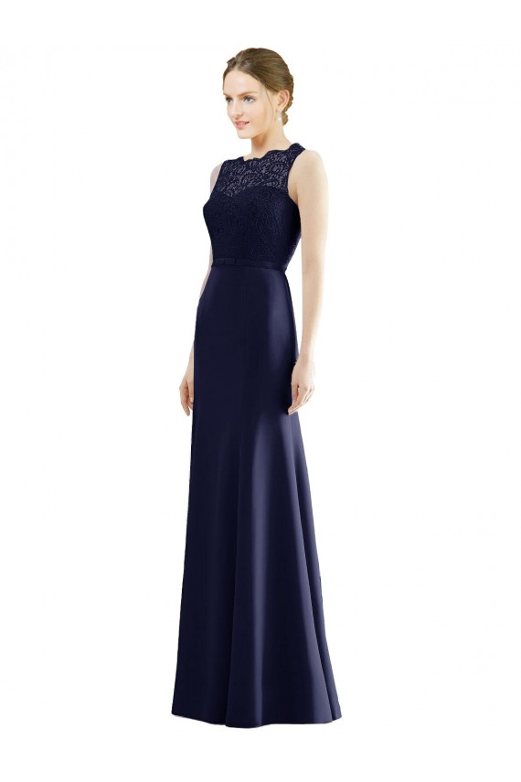 Lace Bodice Open Back Trumpet Chiffon Bridesmaid Dress with Bow Belt