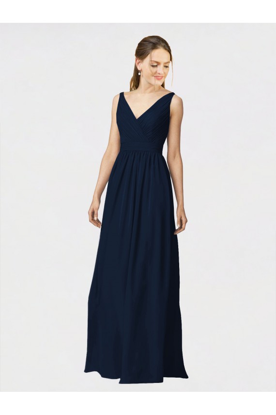 Long Chiffon Bridesmaid Dress with Shirred Bodice and V-Neckline