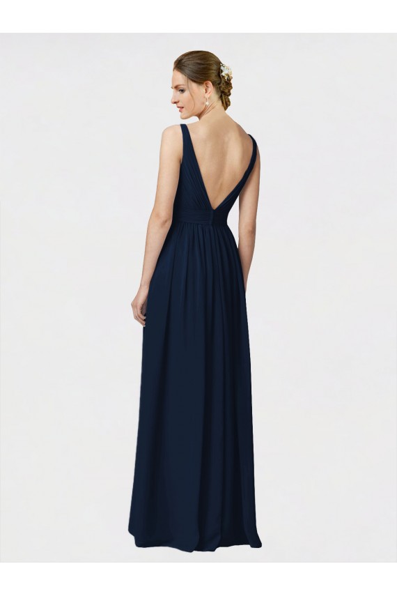 Long Chiffon Bridesmaid Dress with Shirred Bodice and V-Neckline