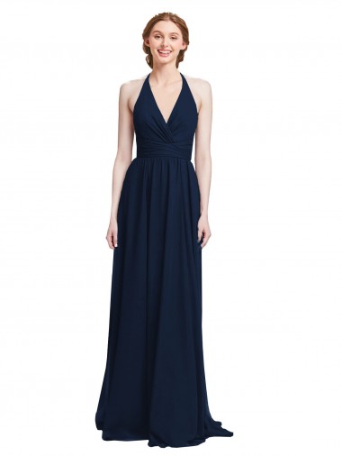 Shop Halter Chiffon Bridesmaid Dress with V-Neckline and Criss Cross Waist UK