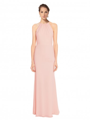 Shop High Neck Long Chiffon Halter Bridesmaid Dress with Drape Chiffon Overlay UK