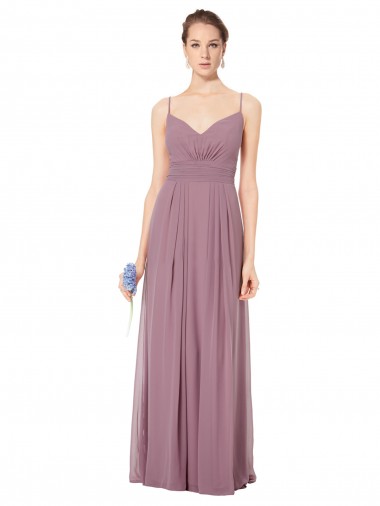 Shop V-Neck Spaghetti Strap Open Back Long Chiffon Bridesmaid Dress UK