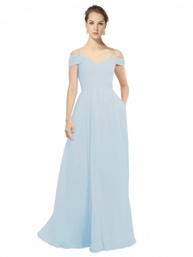 Shop Chiffon Bridesmaids Dress with Off the Shoulder Draped Neckline UK