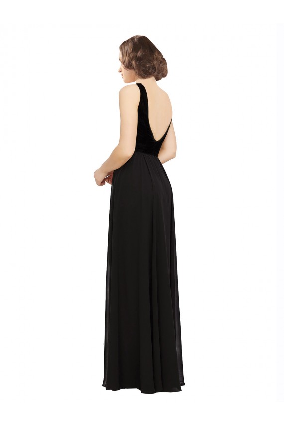 Stretch Velvet and Chiffon Bridesmaids Dress with V-Neckline