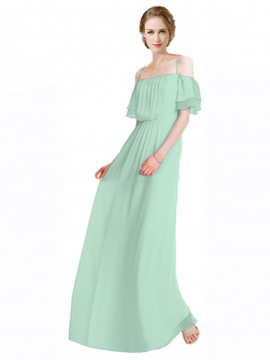 Shop Spaghetti Straps Long Chiffon Off-The-Shoulder Bridesmaid Dress with Double Flounce Sleeves UK