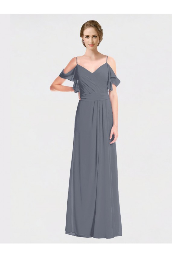 Long Chiffon Spaghetti Strap V-Neck Bridesmaid Dress with Off-The-Shoulder Flutter Sleeves