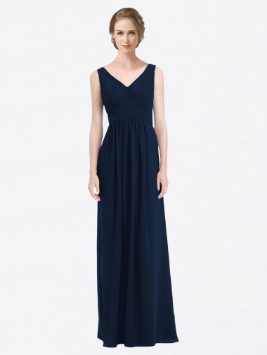 Shop Long Chiffon V-Neck Sleeveless Bridesmaid Dress with Criss-Cross Pleated Bodice UK
