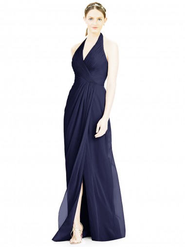 Shop V-Neck Halter Chiffon Bridesmaid Dress with Side Front Slit UK
