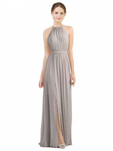 Shop Backless Halter Chiffon Bridesmaid Dress with Front Slit and Tie Open Back UK