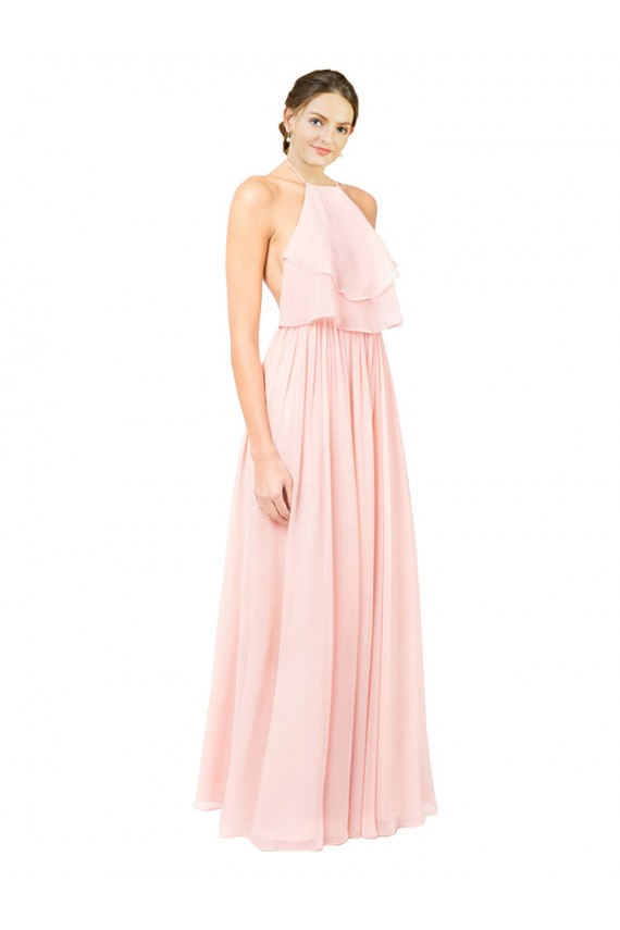 Halter Neck Chiffon Bridesmaid Dress with Double Ruffle Front
