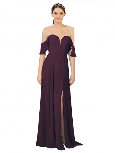 Shop Romantic Off-Shoulder Chiffon Bridesmaid Dress with Plunging V-Neck UK