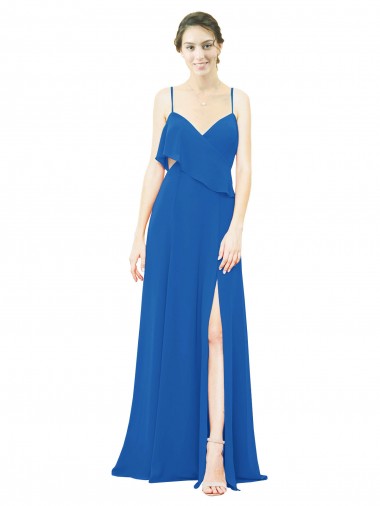Shop Spaghetti Strap Chiffon Bridesmaids Dress with Asymmetrical Ruffle and Front Slit UK