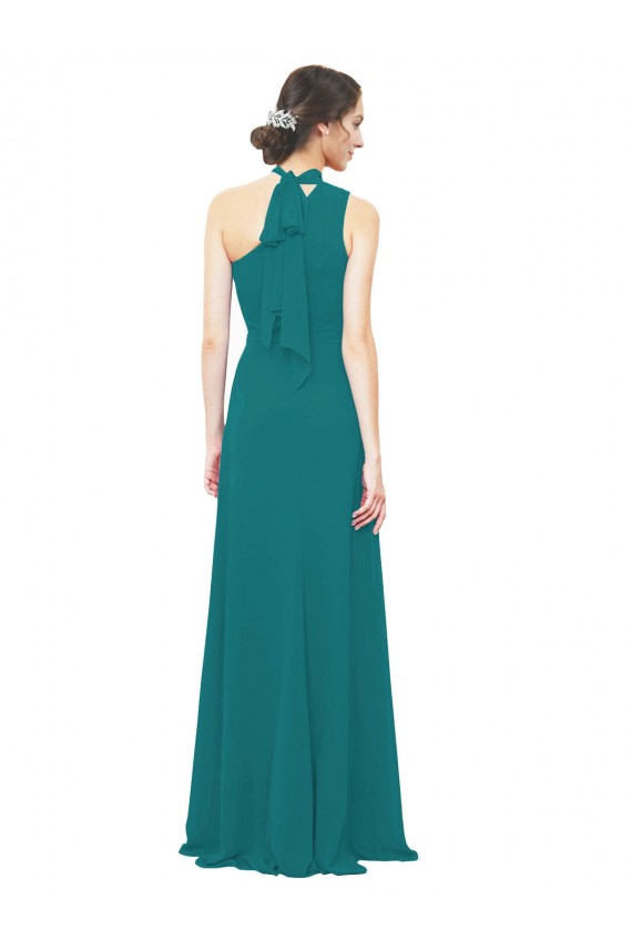 One Shoulder Chiffon Bridesmaids Dress with Scarf Tie Neckline