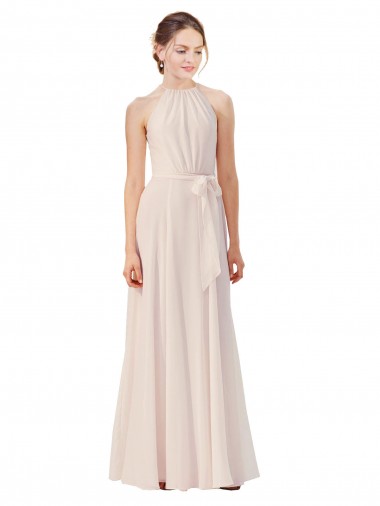 Shop Tie Neck Long Chiffon A-Line Bridesmaid Dress with Sheer Back UK