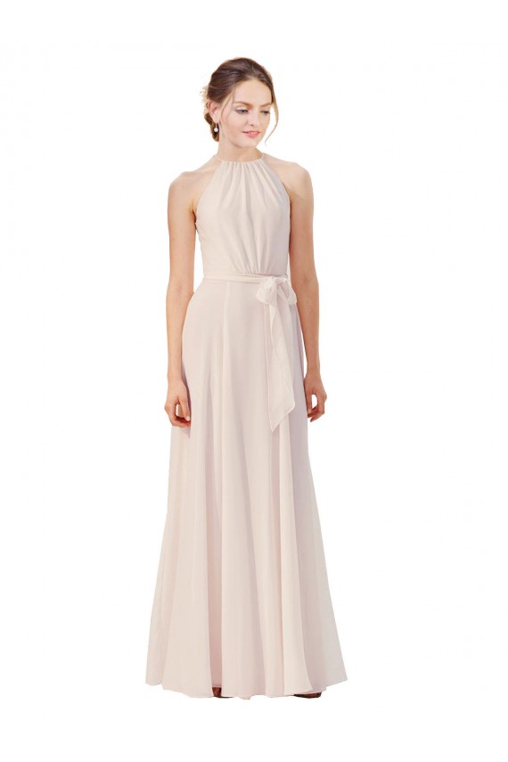 Tie Neck Long Chiffon A-Line Bridesmaid Dress with Sheer Back
