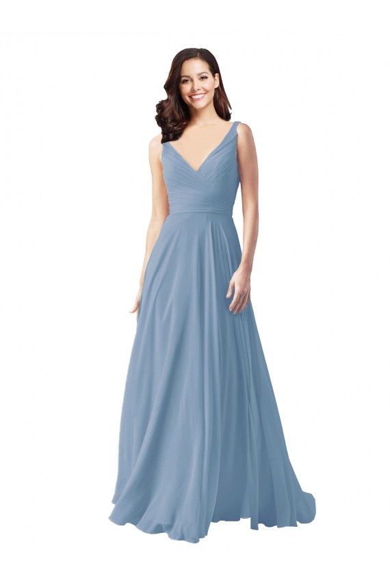 Long Chiffon V-Neck and Self Sash Bridesmaid Dress with Shirred Criss Cross Bodice