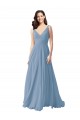 Long Chiffon V-Neck and Self Sash Bridesmaid Dress with Shirred Criss Cross Bodice