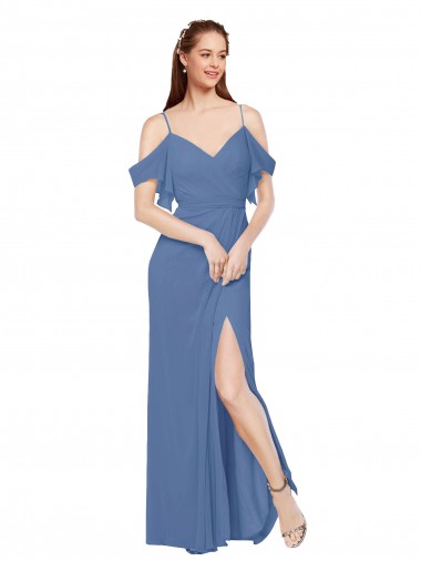 Shop Mock-Wrap Off the Shoulder Long Chiffon Bridesmaid Dress with Side Slit UK
