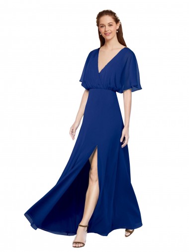 Shop V-Neck Long Chiffon Bridesmaid Dress with Dolman Sleeved Bodice and Slit UK