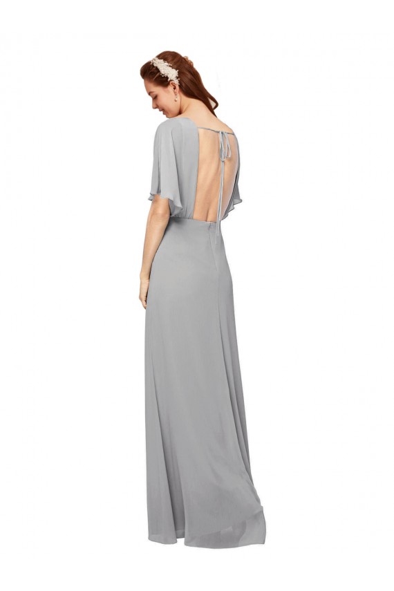 V-Neck Long Chiffon Bridesmaid Dress with Dolman Sleeved Bodice and Slit