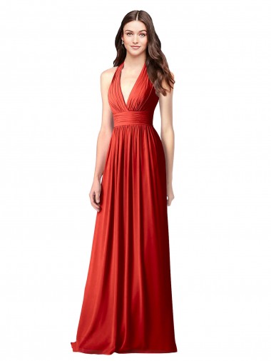 Shop Halter V-Neck A-Line Chiffon Bridesmaid Dress with Shirred Skirt UK