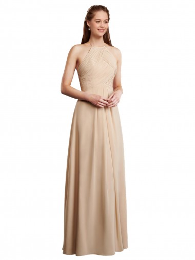 Shop Draped Halter Neck Long Chiffon Bridesmaid Dress with Tie Back UK