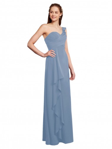 Shop Single Shoulder Strap Long Chiffon Bridesmaid Dress with Cascading Ruffles UK