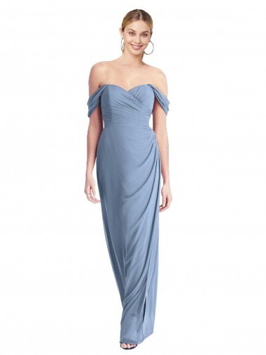 Shop Full Length Draped Off the Shoulder Maxi Bridesmaid Dress with Shirred Streamer UK