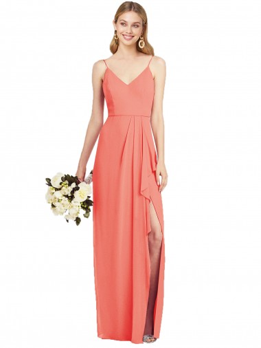 Shop Spaghetti Strap Draped Skirt Chiffon Bridesmaid Dress with Front Slit UK