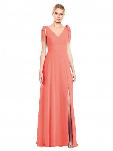 Shop Full Length Bow-Shoulder V-Back Chiffon Bridesmaid Dress with Front Slit UK