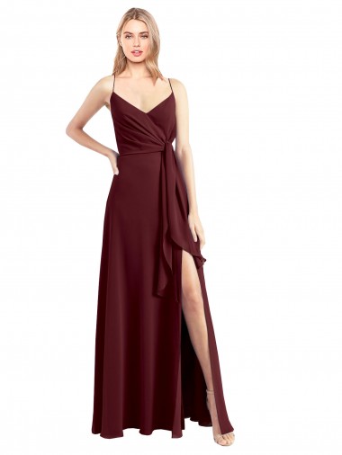 Shop Spaghetti Straps V-Neck Long Chiffon Bridesmaid Dress with Side Slit UK