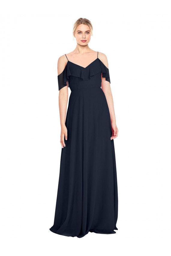 Draped Sleeves Flounce Neckline Long Chiffon Bridesmaid Dress with Spaghetti Straps