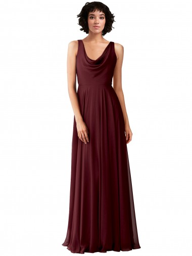 Shop Draped Cowl Neck Long Chiffon Bridesmaid Dress with Wide Straps UK