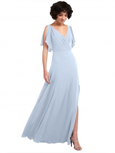 Shop Split Flutter Sleeves V-Neck Chiffon Bridesmaid Dress with Open V-Back UK