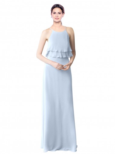 Shop High Narrow Neck Long Chiffon Bridesmaid Dress with Tiered Ruffles UK
