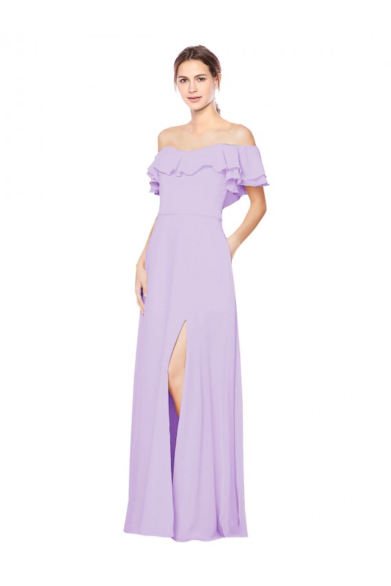 Ruffled Off the Shoulder Long Chiffon Bridesmaid Dress with Slit