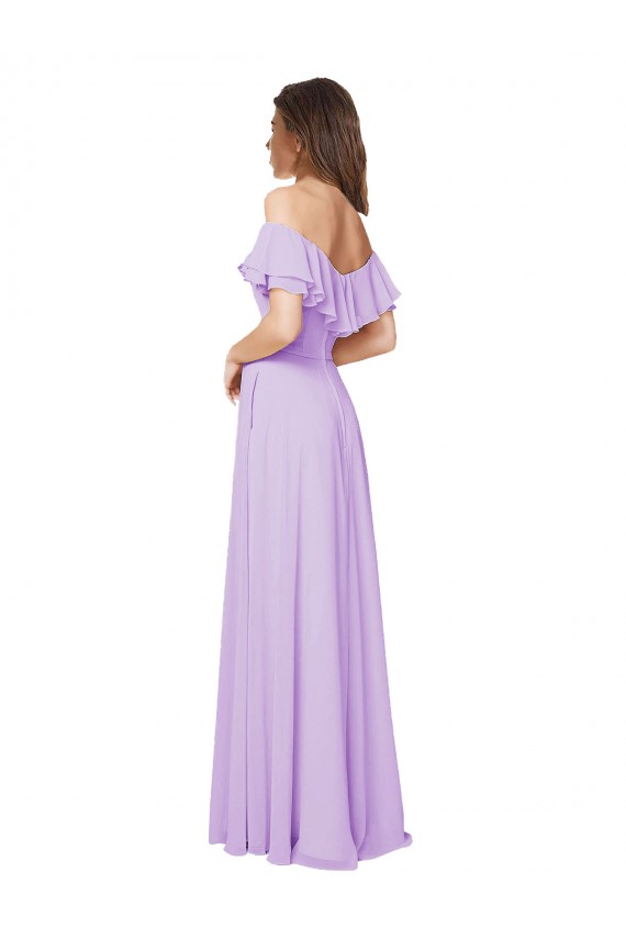 Ruffled Off the Shoulder Long Chiffon Bridesmaid Dress with Slit