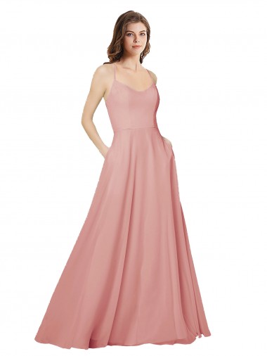 Shop Open Back Wide Tie Band Long Chiffon Bridesmaid Dress with Pockets UK