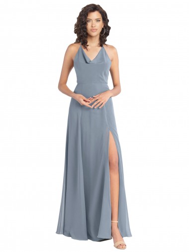 Shop Slim A-Line Cowl Neck Long Chiffon Bridesmaid Dress with Side High Slit UK